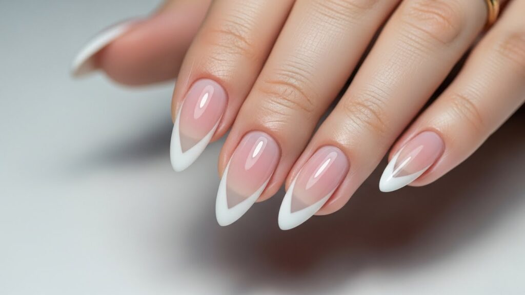 V-shaped French manicure on almond nails