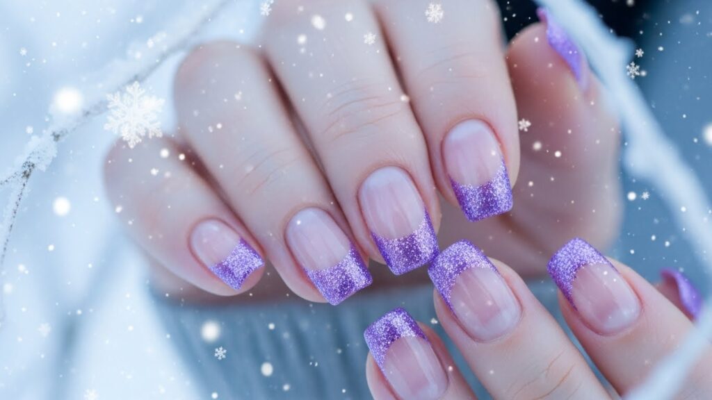 Violet French nail designs for winter 2025–2026 featuring soft lavender, glitter, chrome, and snowflake accents.