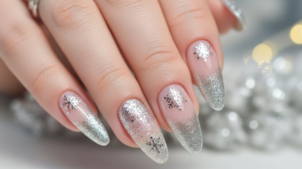 Silver glitter French tip Christmas nails