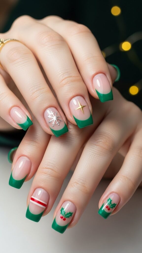 Simple green French tip nails for Christmas 2025