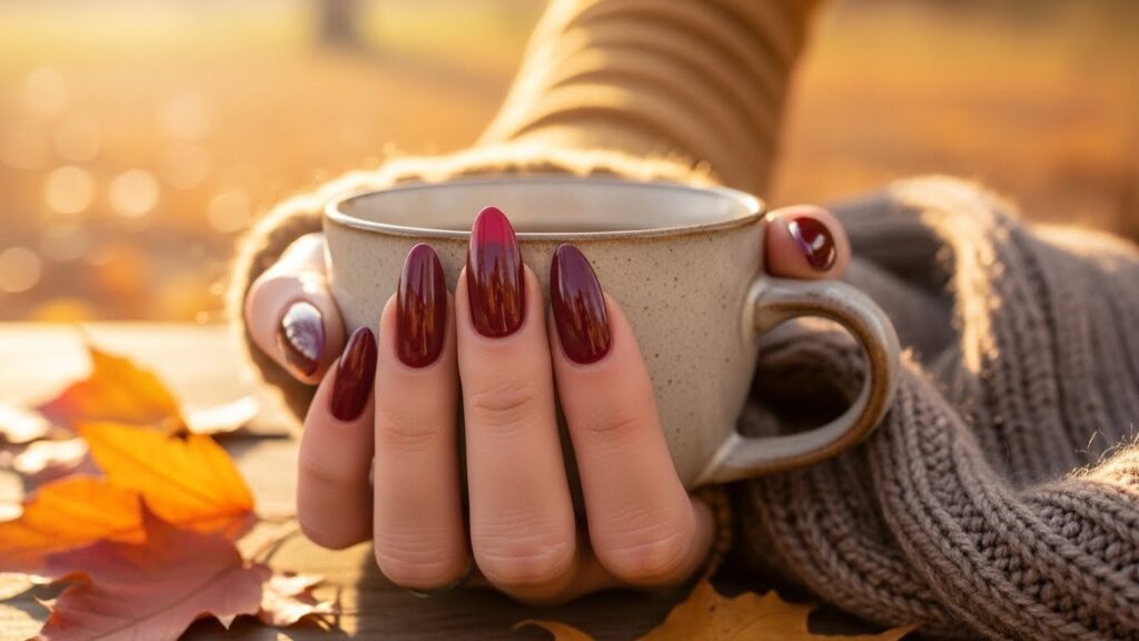 Burgundy almond nails for fall 2025