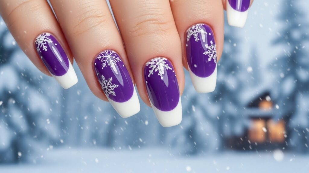 Violet French tips with snowflake nail art.