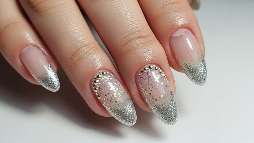 Nude French manicure with pearl accents