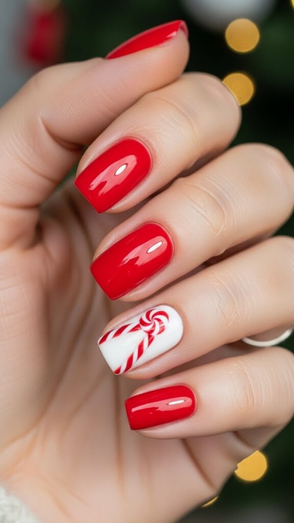 Red nails with a candy cane accent for Christmas 2025