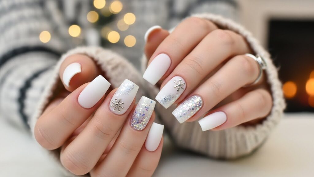 Frosted white French tips for Christmas manicure.