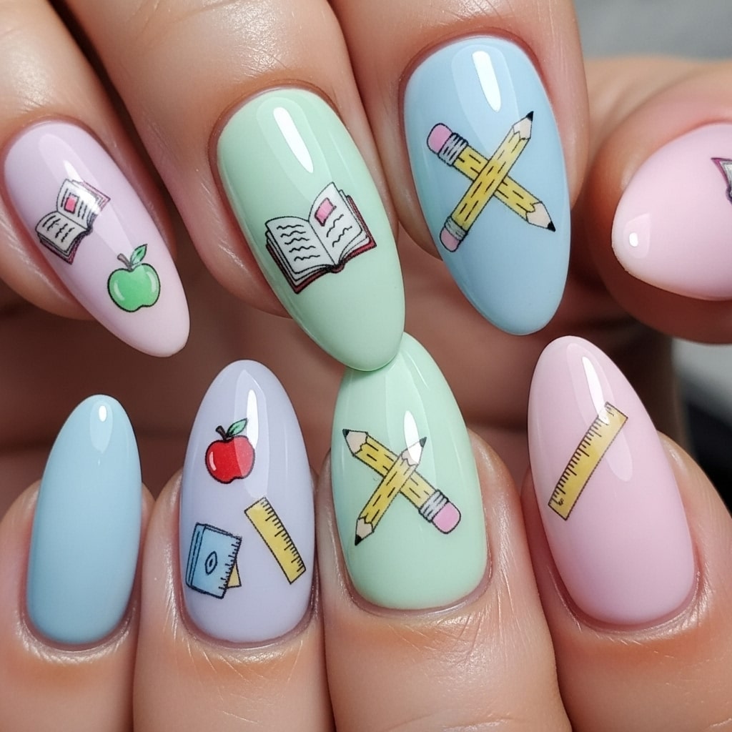 Pastel French tip nails with tiny school-themed decals