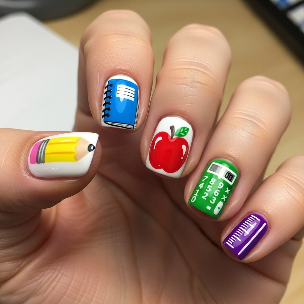 Cute apple and pencil nail designs on neutral background.