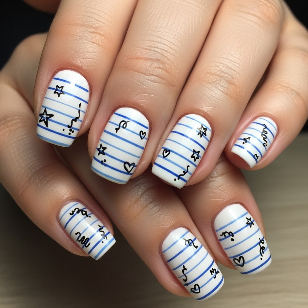 Notebook-style nail art with blue lines and doodles