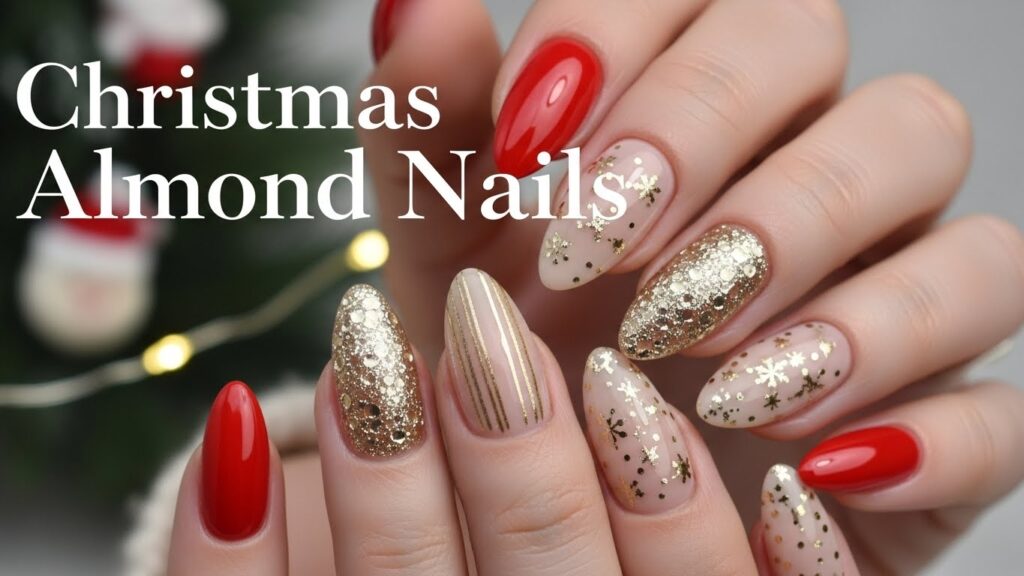 Christmas almond nails with festive red, gold, and elegant holiday manicure details