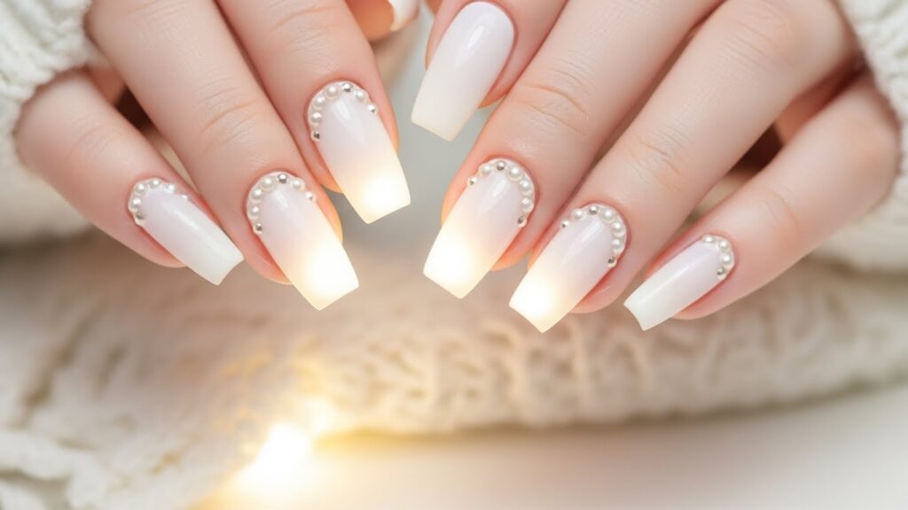 White nails with small pearl decorations for an elegant winter manicure.