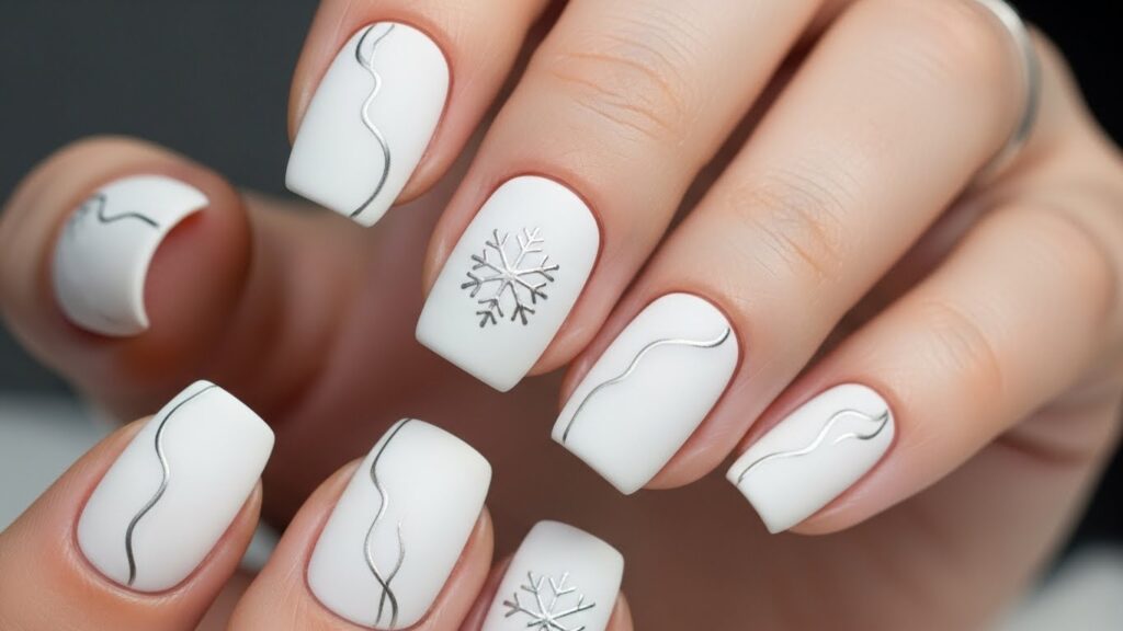 Minimal white nails with subtle silver detailing.