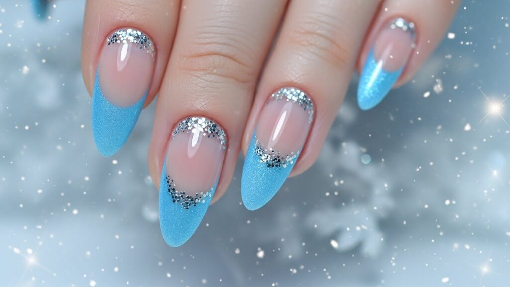 Blue French tip nails with cool modern look.