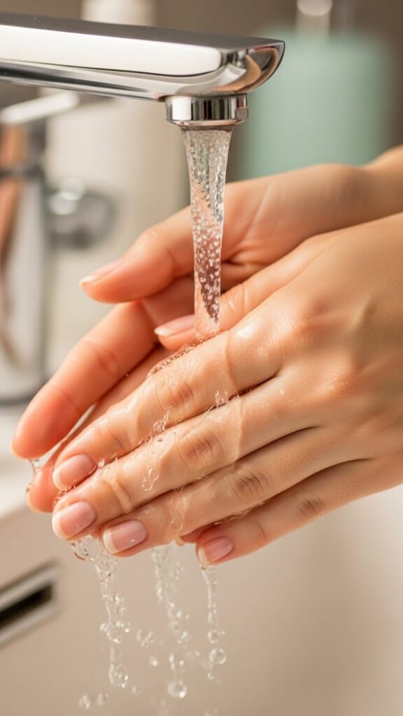 Clean natural nails with water droplets under soft light