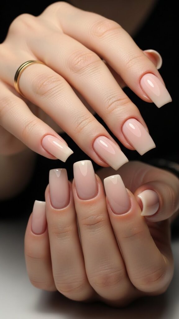 Square-shaped nails with straight edges and a flat top on natural manicured hands.