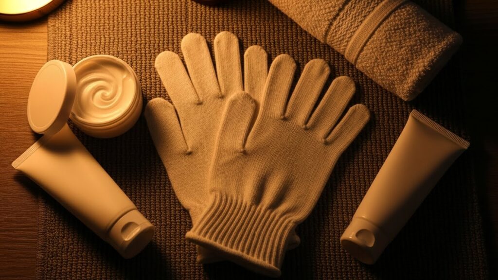 Cozy nighttime routine with cotton gloves, hand cream, warm lighting, winter care flat lay.
