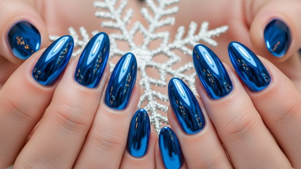 Blue chrome winter nails with metallic shine – bold holiday manicure.