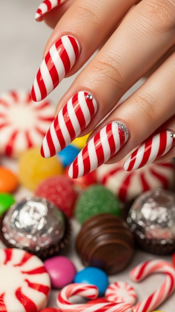 Candy cane striped acrylic nails with red and white holiday design
