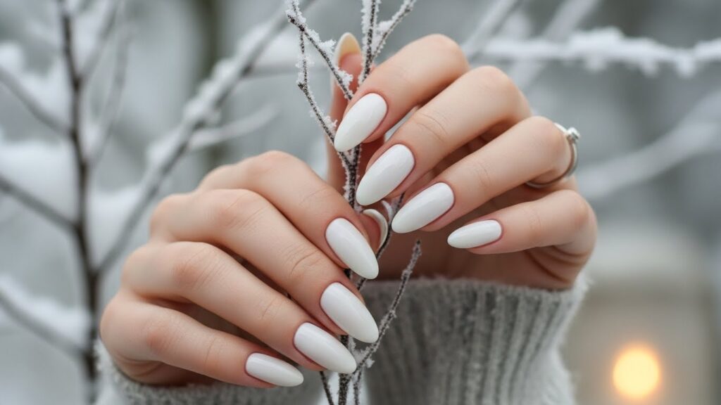 Milky white almond-shaped Christmas nails with a clean glossy winter finish.
