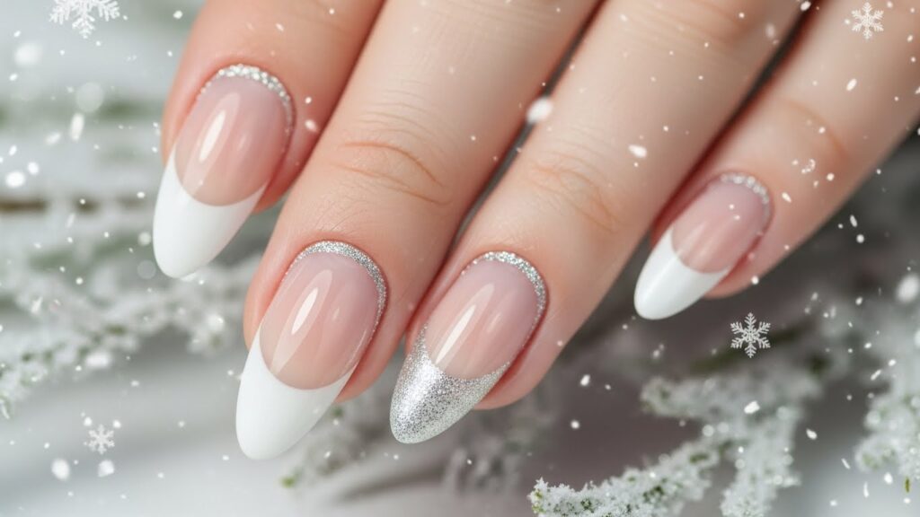 White French tip nails with a thin silver glitter line for a festive holiday look.