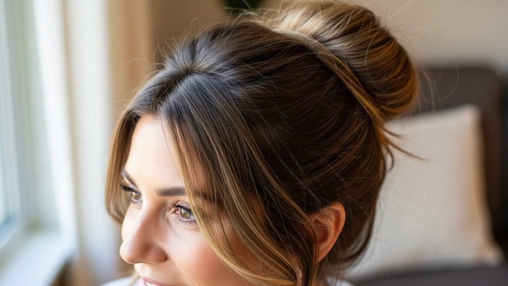 Woman with a relaxed messy bun and loose face-framing pieces.