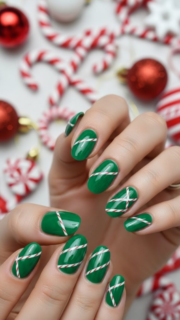 Green candy cane stripe Christmas nails.