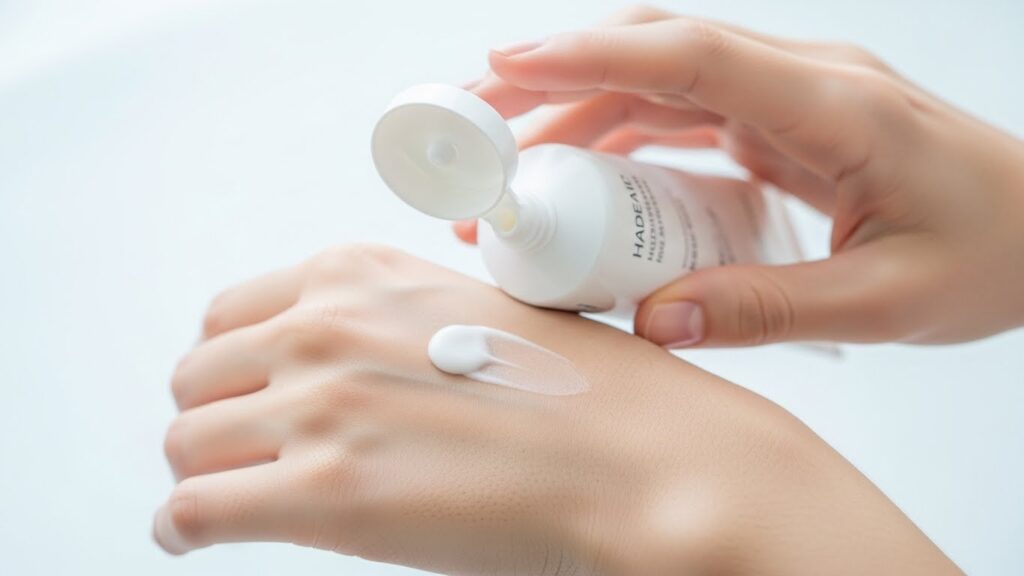 Applying hand cream for nail and skin hydration.