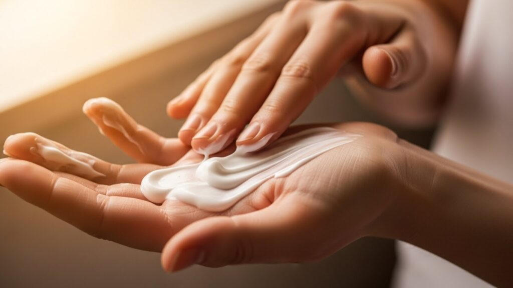 Hands applying moisturizing lotion on skin