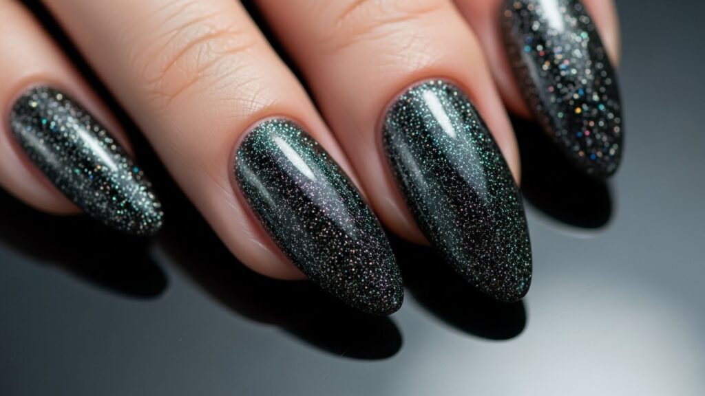 Black glitter nails with shimmering finish