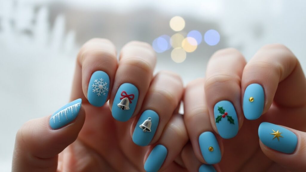 Baby blue nails with Christmas ornament designs – cute holiday manicure.