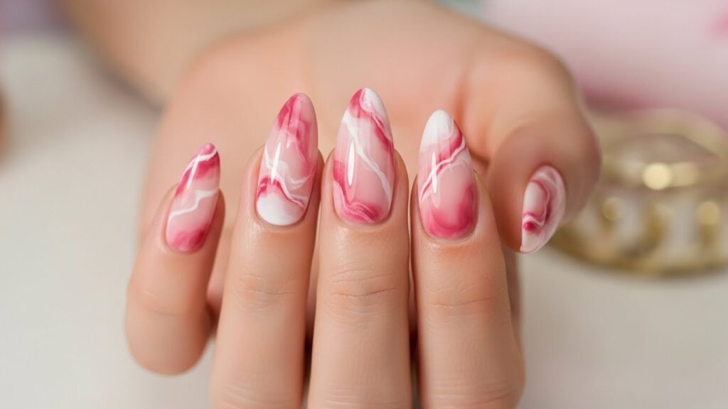 Pink marble nails with white swirl design.