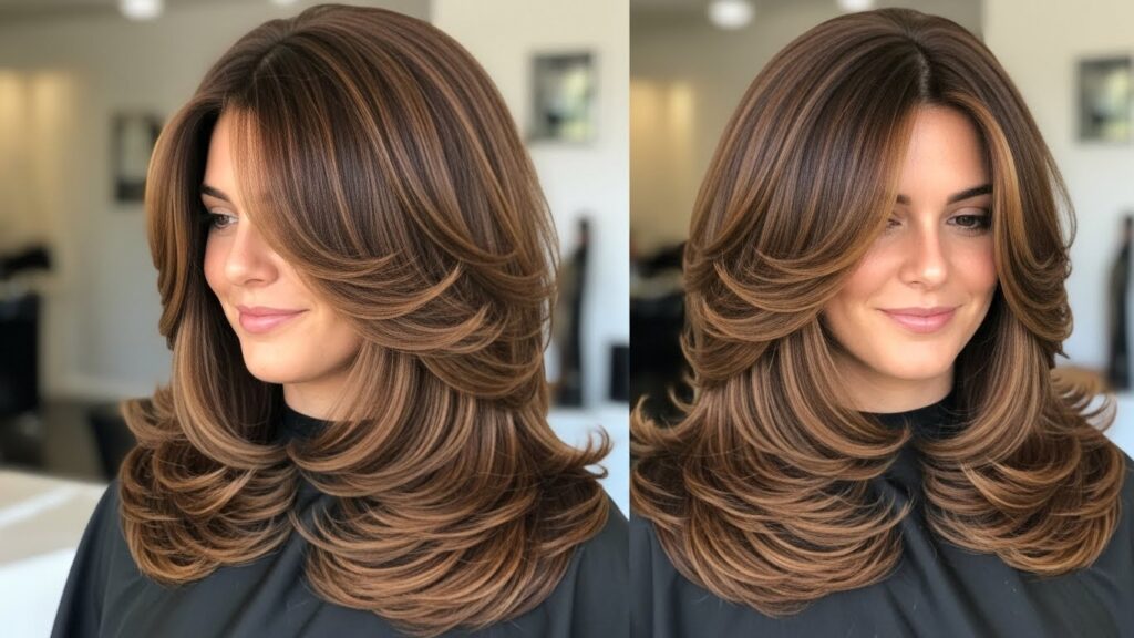 Long layered haircut designed for thick hair.