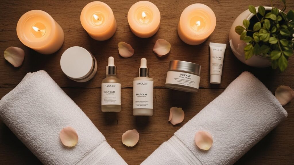 Self-care beauty essentials arranged aesthetically on a clean surface, including skincare products, candles, and wellness accessories.