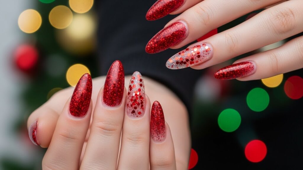 Red glitter ombre acrylic nails with festive holiday sparkle.