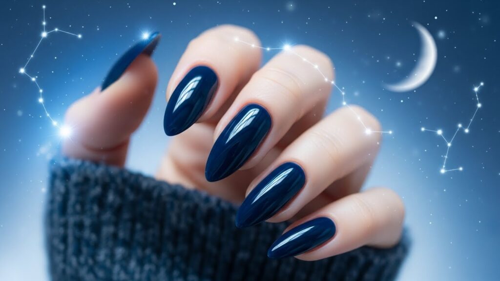 Midnight navy glossy gel nails with winter night sky background.