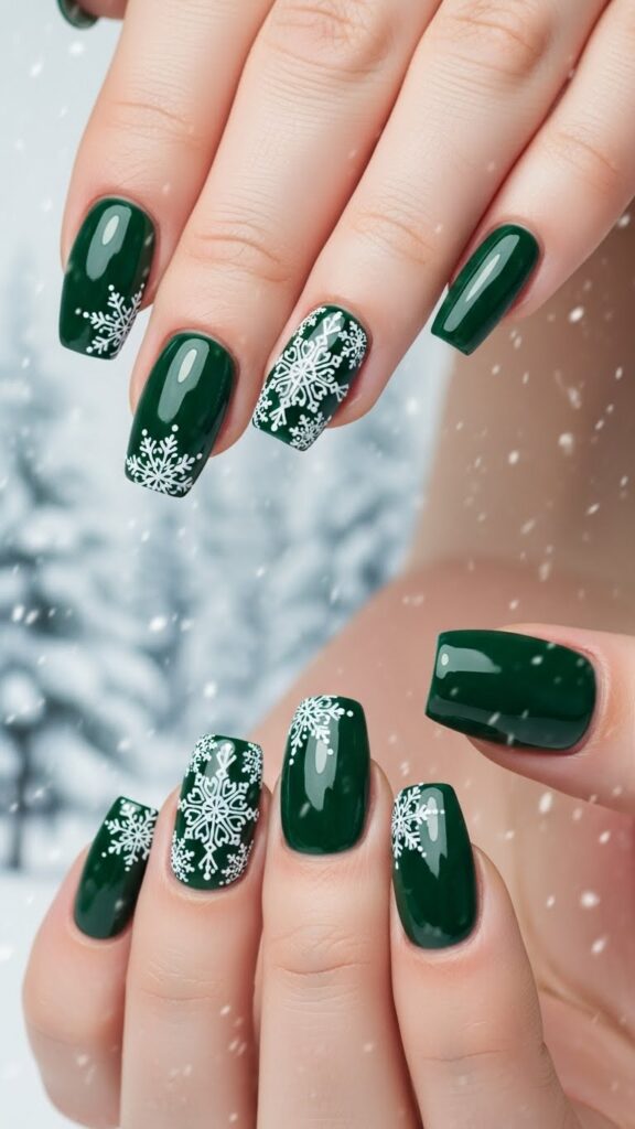 Dark green Christmas nails with snowflakes