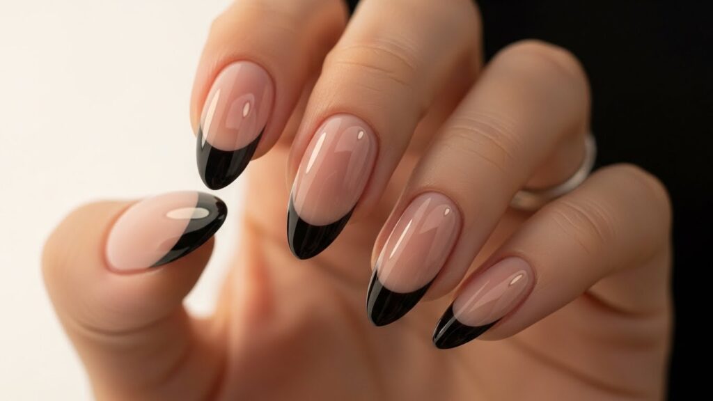 Black French tip nails with nude base
