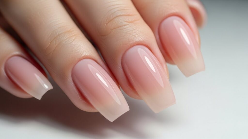 Squoval nail shape featuring soft edges and slightly rounded square tips