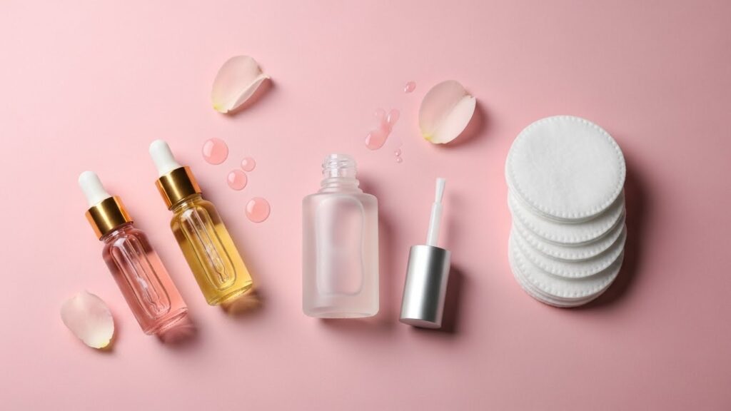 Acetone-free nail care products arranged aesthetically