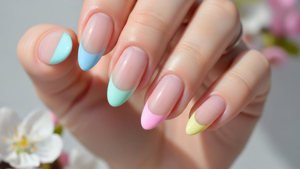 Pastel color French tip nails in multiple soft shades.