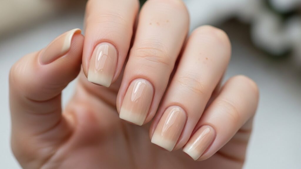 Nude glossy nails in soft beige winter tones.