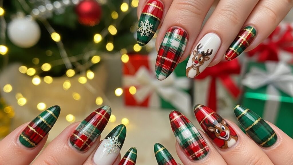 Christmas plaid acrylic nails with clean patterned lines