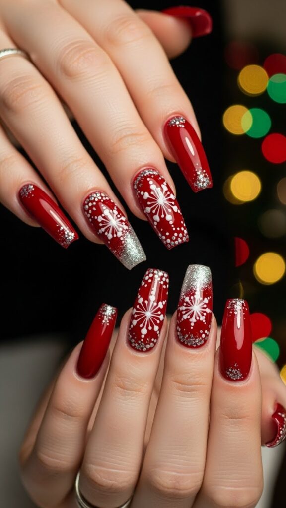 Glossy red Christmas acrylic nails with bright festive shine