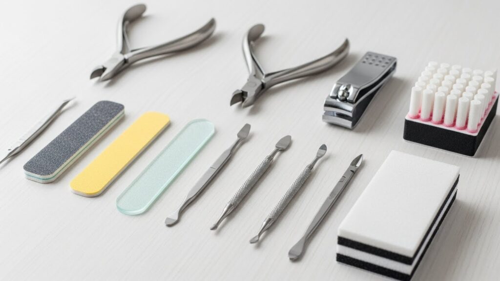 Essential nail care tools arranged neatly, including clippers, files, cuticle tools, and buffers
