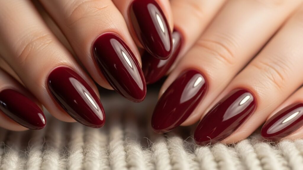 Deep burgundy glossy gel nails with cozy sweater background.