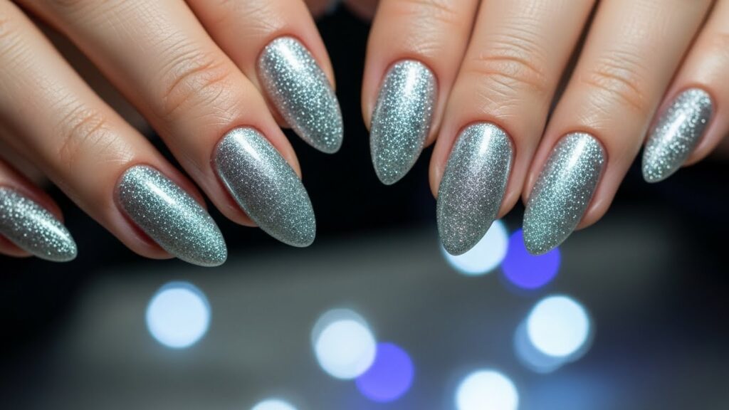 Silver glitter gel nails with sparkling holiday lights.