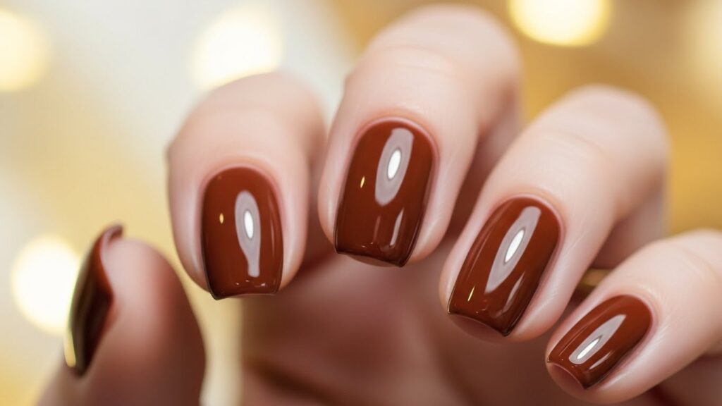 Short glossy chocolate brown winter nails