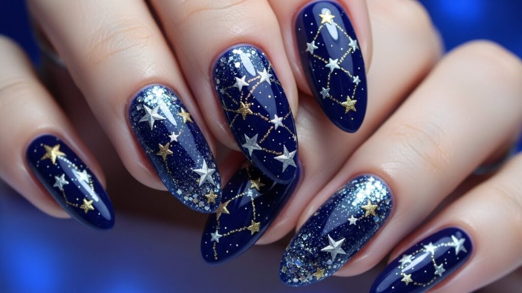 Midnight blue Christmas nails with stars – festive winter night manicure