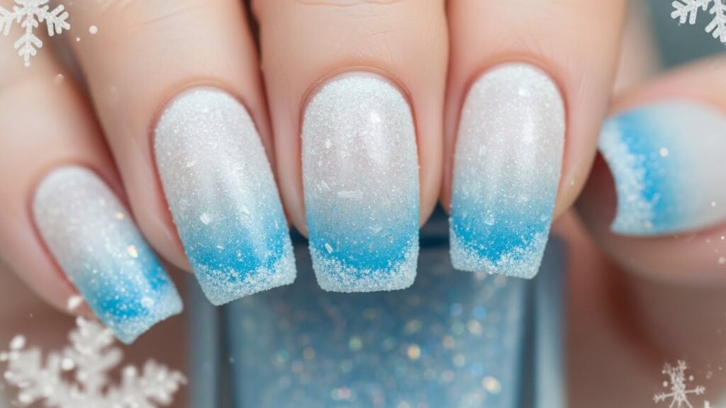 Blue frost-tip winter nails – icy Christmas manicure inspiration.