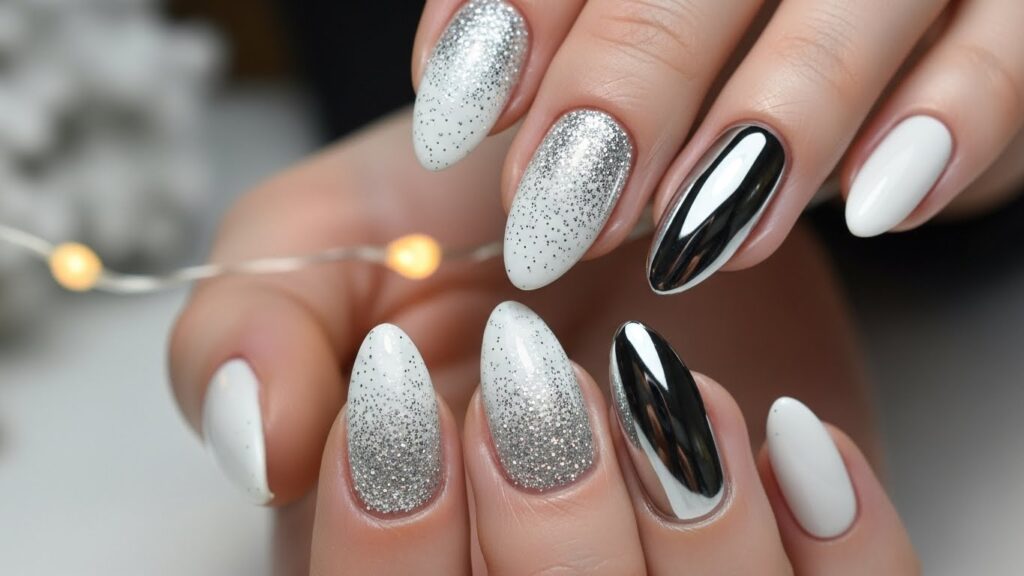 Alt Text: White nails featuring silver glitter and a shiny chrome accent nail.