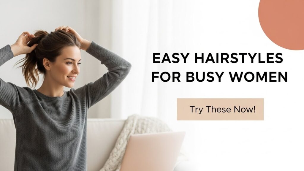 Easy hairstyles for busy women featuring sleek ponytail, low bun, half-up hairstyle, and soft braid. Clean, modern look, natural lighting, everyday style.